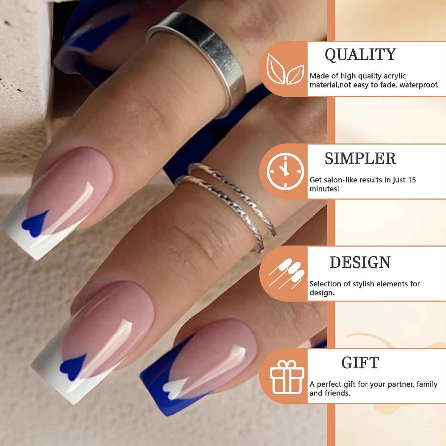 24er Set Blau-Weiß Press On Nägel Quadrat Hochwertige DIY French False Nails, wiederverwendbar