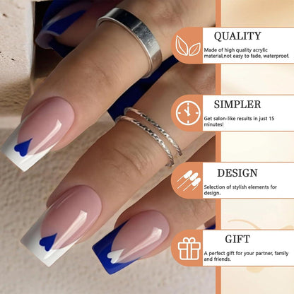24er Set Blau-Weiß Press On Nägel Quadrat Hochwertige DIY French False Nails, wiederverwendbar