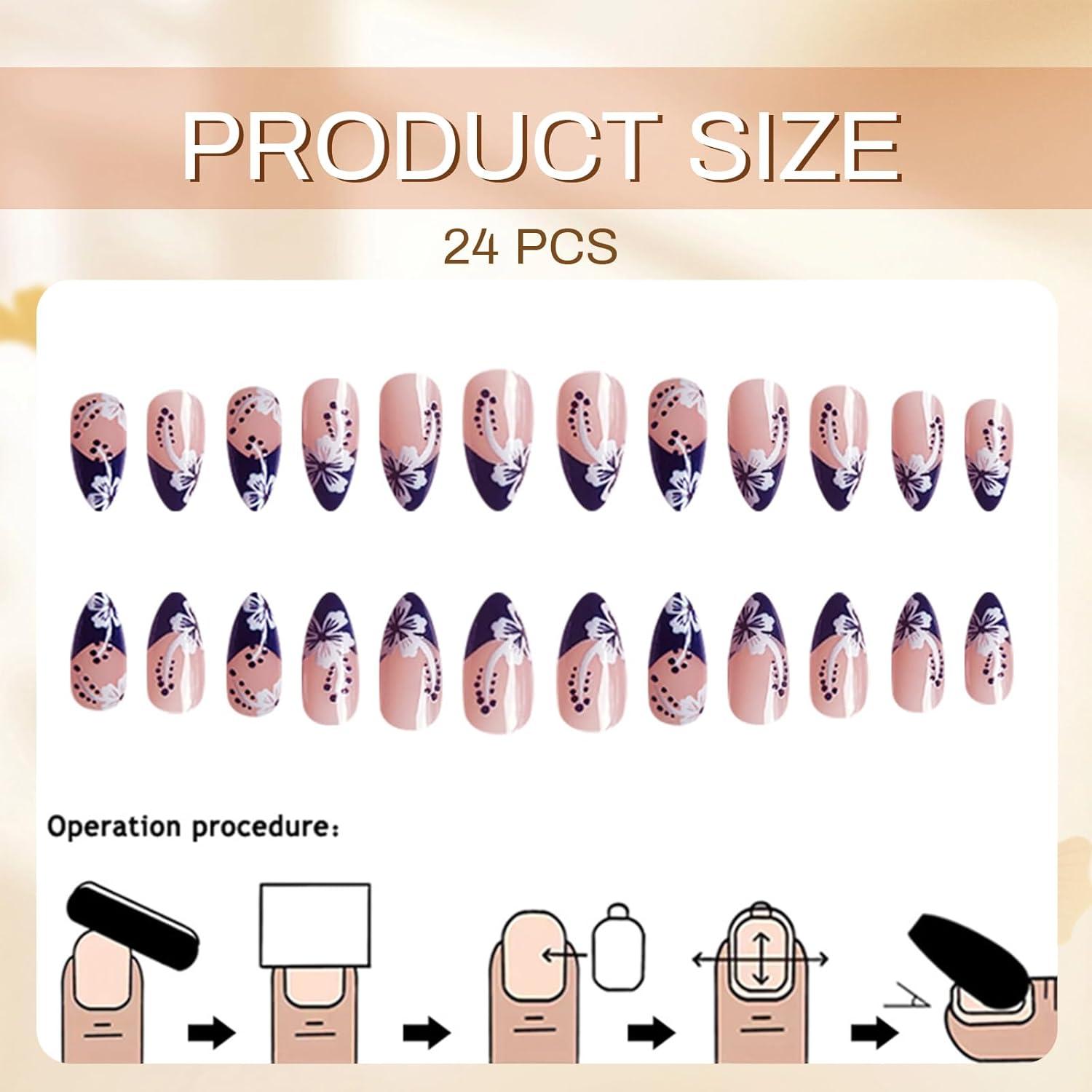 24 Stück French Press on Nails Almond Nägel mit Blumen