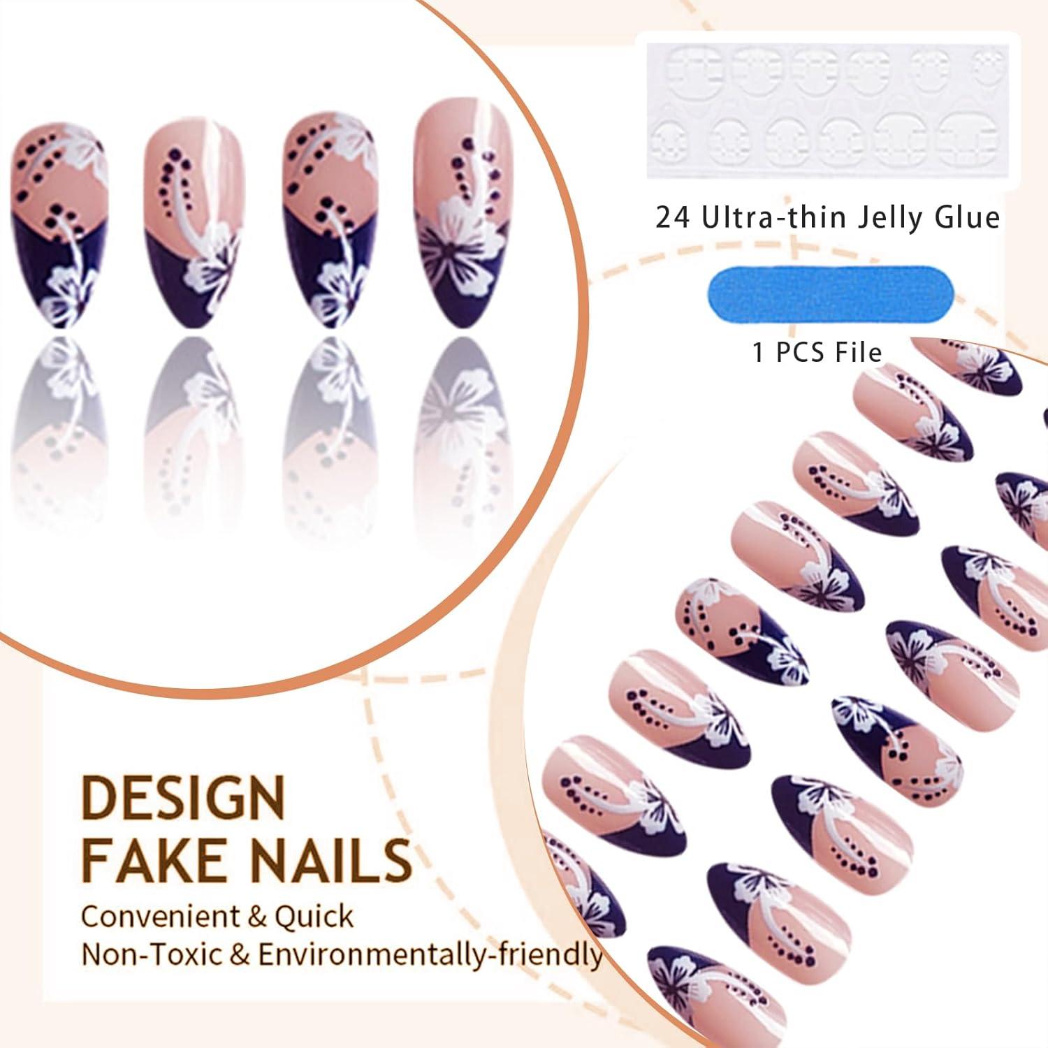 24-teiliges French Nails Press on Nails Set mit Blumen-Designs