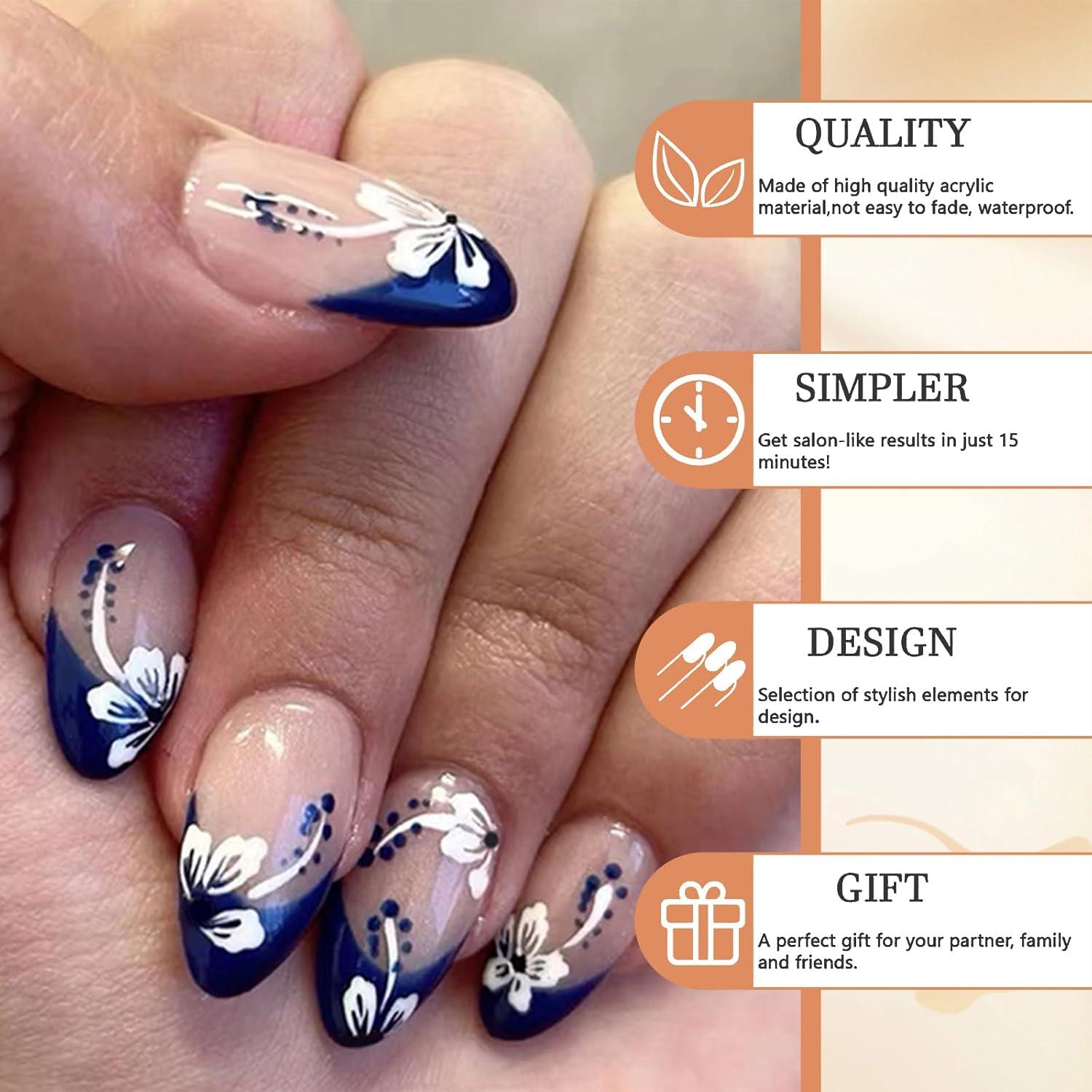 24er Pack French Nails Almond Nägel mit Weißen Blumenheiten