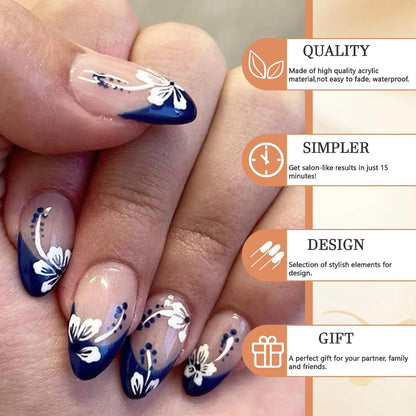 24er Pack French Nails Almond Nägel mit Weißen Blumenheiten