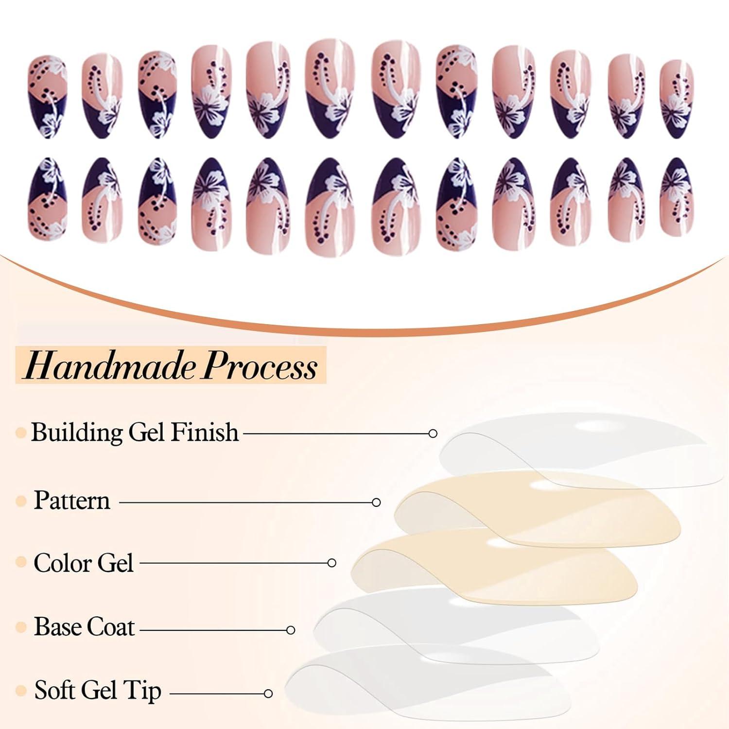 24 Stück French Nails Press on Nails Acryl Nägel Blumen Spitze Klebe Nägel