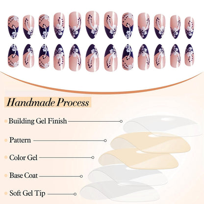 24 Stück French Nails Press on Nails Acryl Nägel Blumen Spitze Klebe Nägel