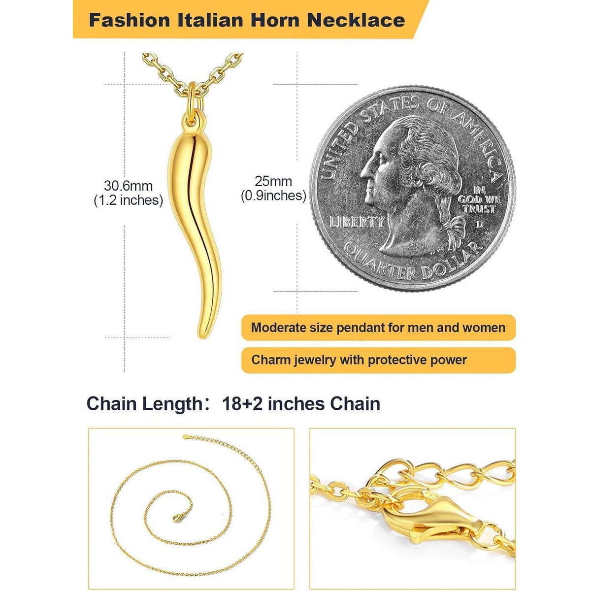 Italienisches Horn Halskette mit Anhänger, 14k Gelbgold vergoldet, Klein