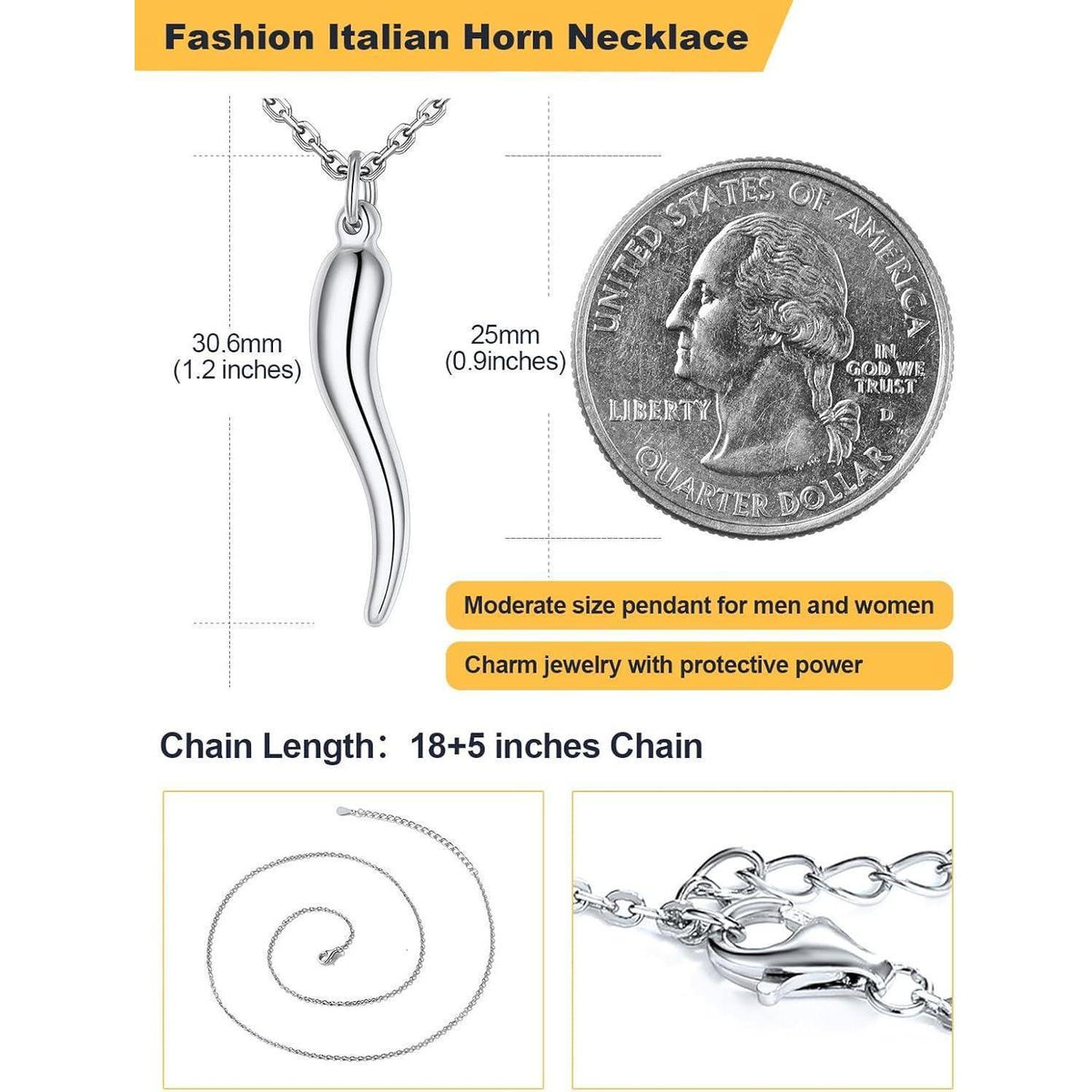 Italienisches Horn Halskette Edelstahl mit Anhänger, Glücksbringer, Klein-Silber
