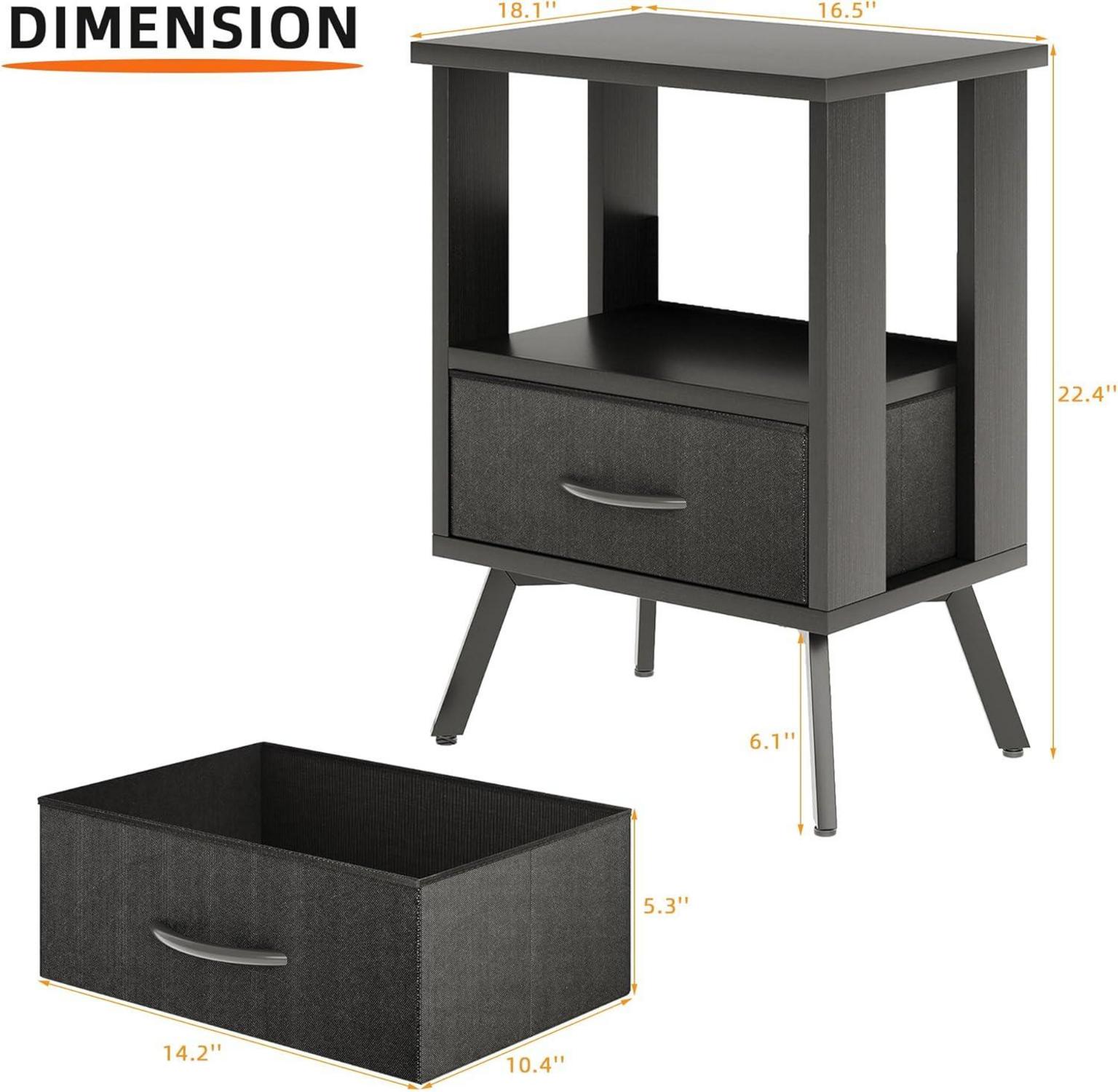 Schwarzer Beistelltisch mit Stoffschublade und Regal, Nachttisch
