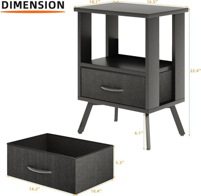 Schwarzer Beistelltisch mit Stoffschublade und Regal, Nachttisch