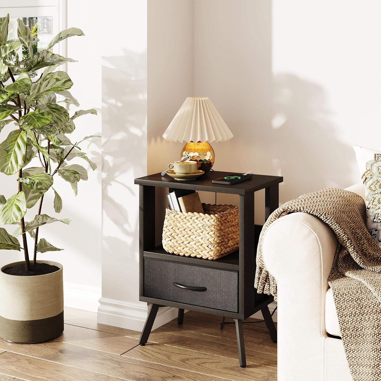 CAIYUN Schwarzer Beistelltisch mit Stoffschublade und offenem Regal, modernes Design
