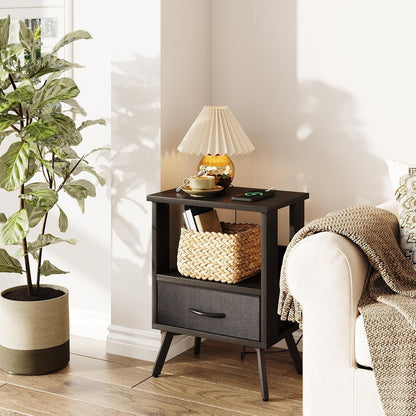 CAIYUN Schwarzer Beistelltisch mit Stoffschublade und offenem Regal, modernes Design