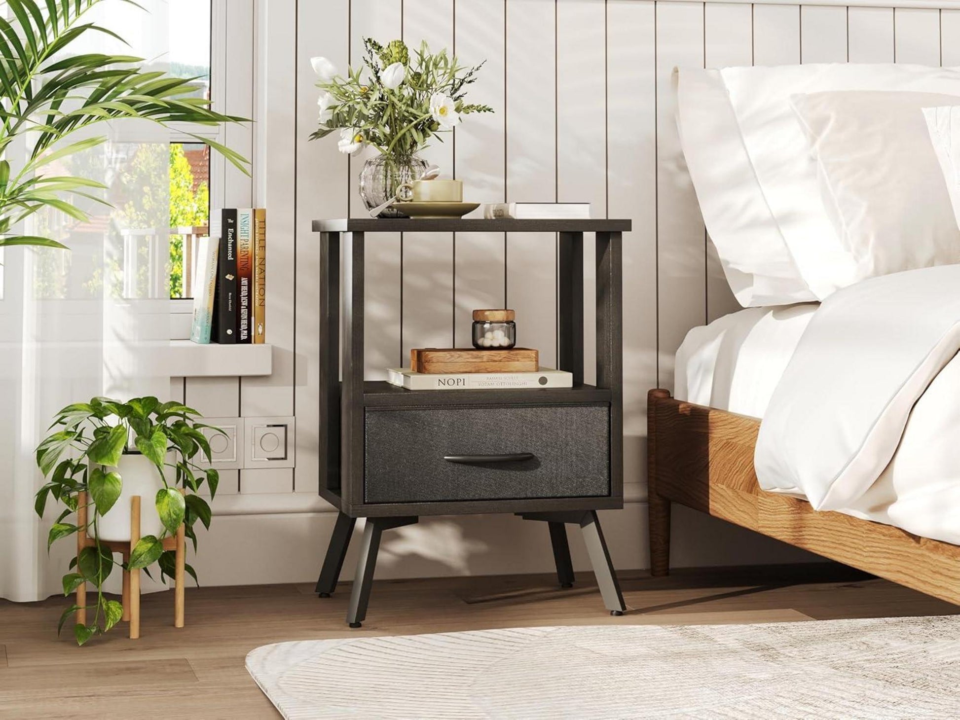 CAIYUN Schwarzer Beistelltisch mit Stoffschublade und offenem Regal, modernes Design