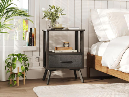 CAIYUN Schwarzer Beistelltisch mit Stoffschublade und offenem Regal, modernes Design