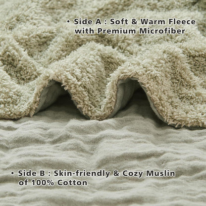 Musselin Baumwolle Fleece Decke Salbei Grün 200x230 cm
