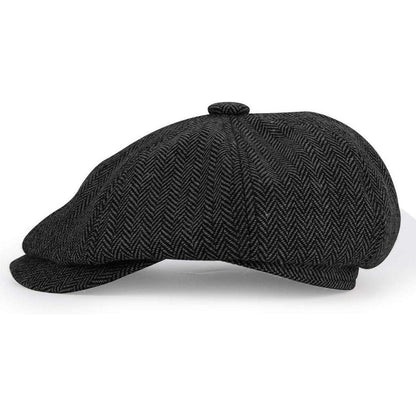 Newsboy Mütze 8-Panel Fischgräten Tweed Retro Gatsby Cap Schwarz