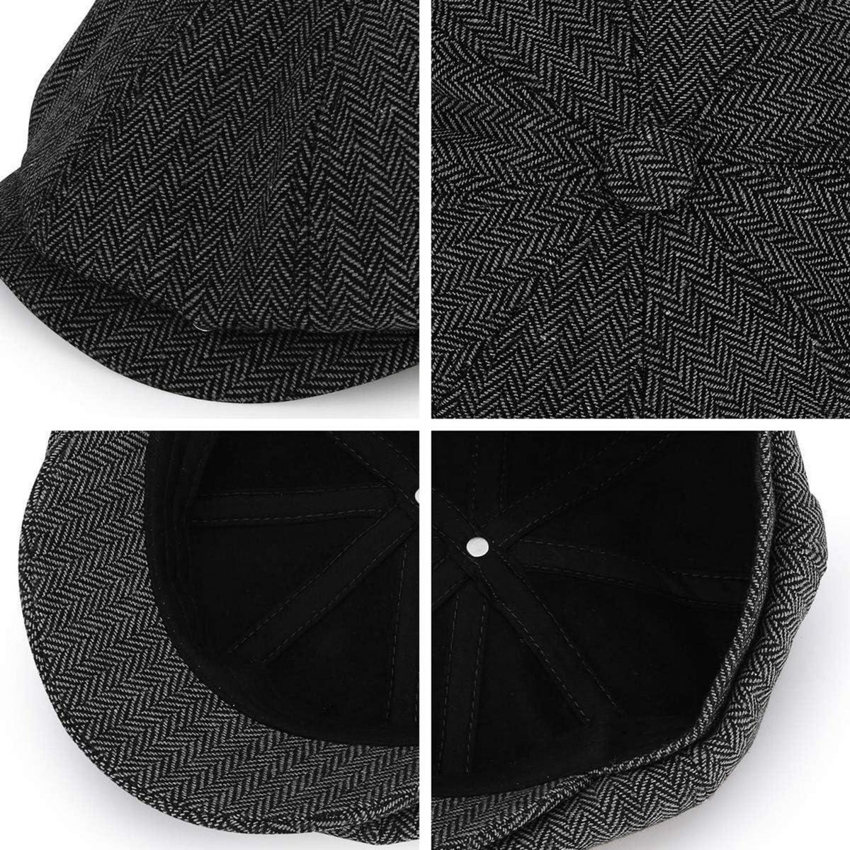 Newsboy Mütze 8-Panel Fischgräten Tweed Retro Gatsby Cap Schwarz