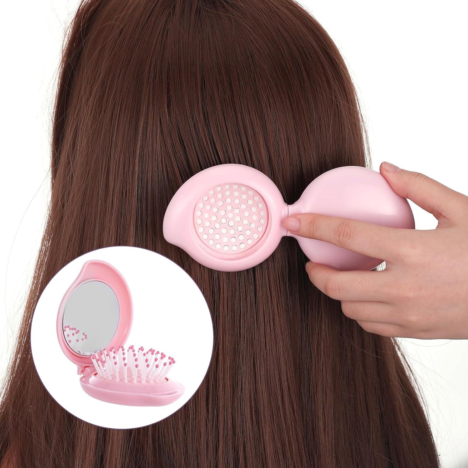 Faltbare Haarbürste mit Reise Spiegel Pink Haarmassagekamm Tasche Damen