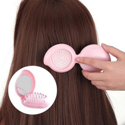 Faltbare Haarbürste mit Reise Spiegel Pink Haarmassagekamm Tasche Damen