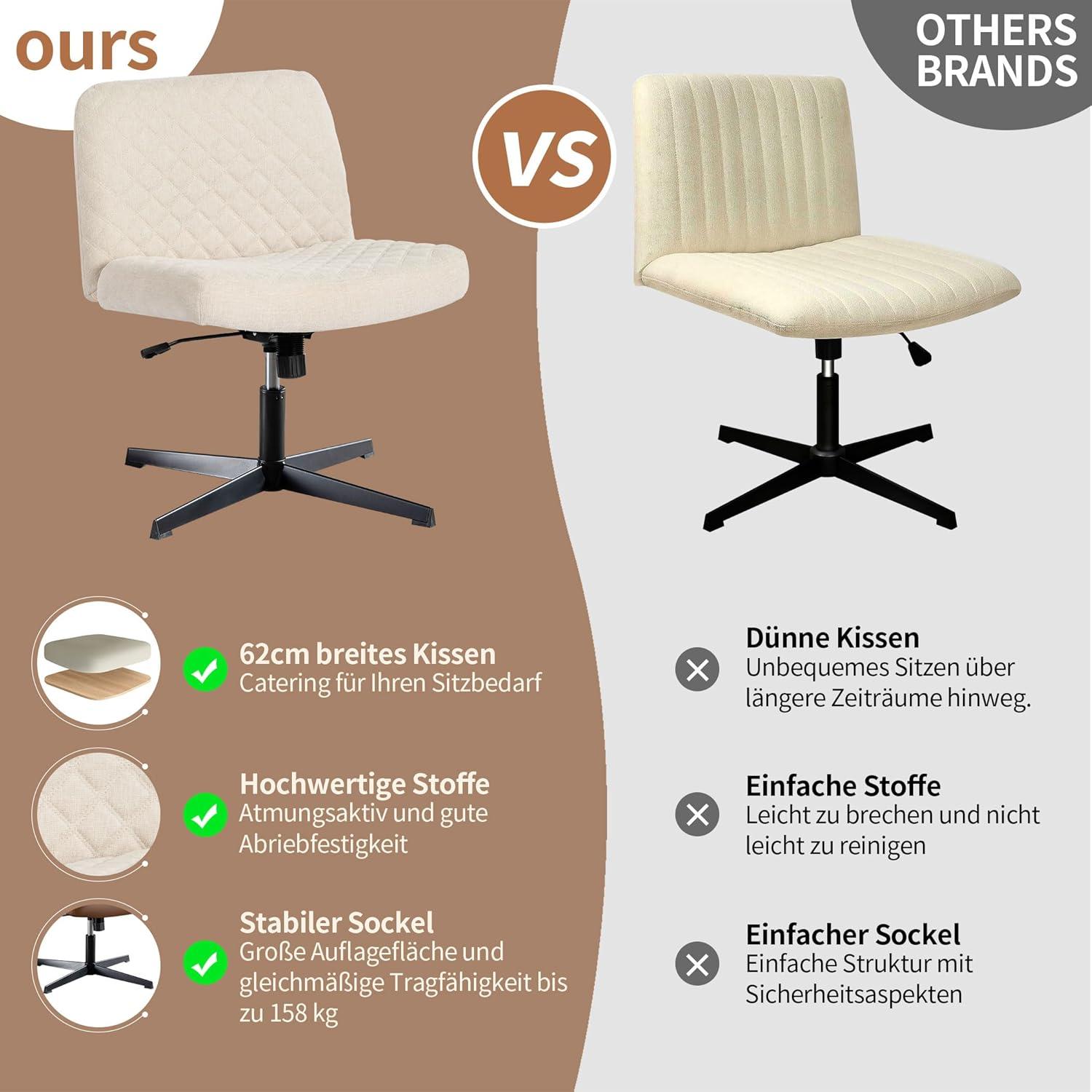 Ergonomischer Bürostuhl ohne Armlehnen, Breites Kissen, Höhenverstellbar