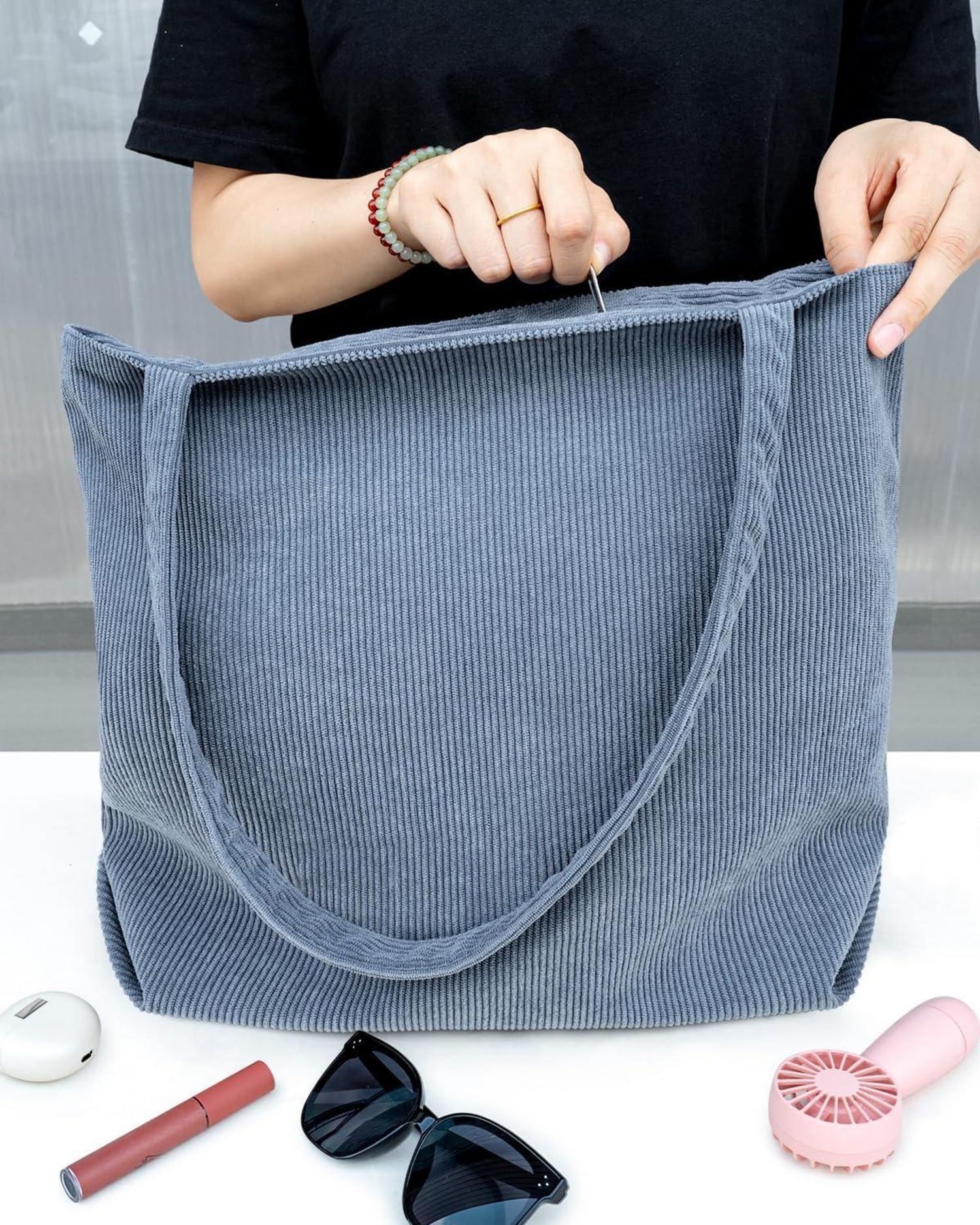 Große Cord Handtasche Damen Shopper Umhängetasche Tote Bag 18L Reißverschluss