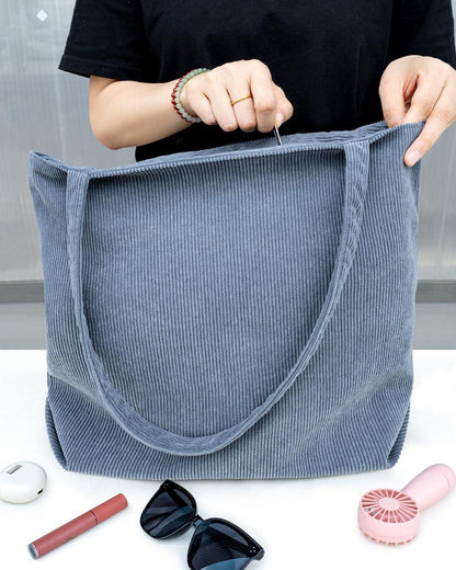Große Cord Handtasche Damen Shopper Umhängetasche Tote Bag 18L Reißverschluss