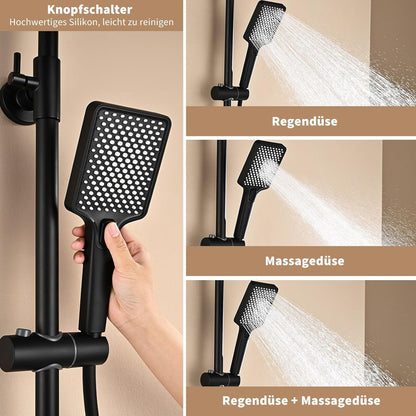 Duschsystem Square Thermostat Edelstahl Komplettset Schwarz