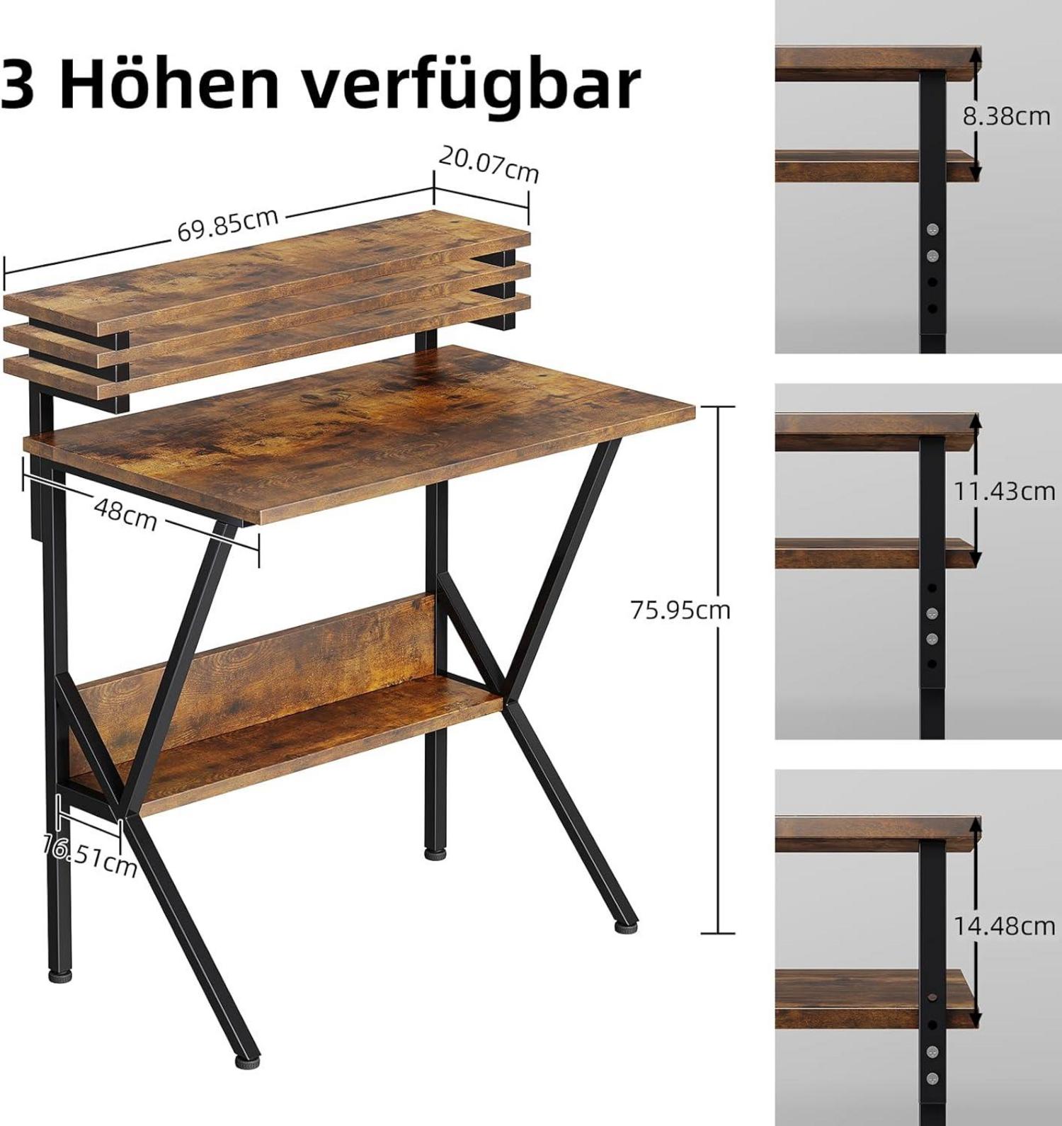 Kleiner Computertisch mit Regal für Home Office, Schwarz/Vintage Braun