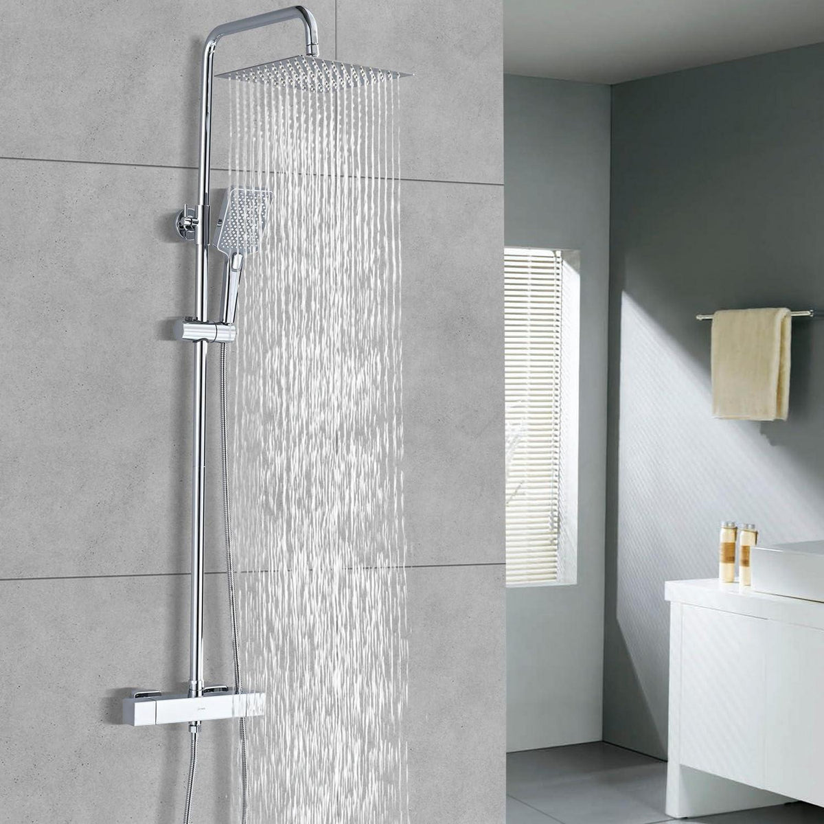 Chrom Duschsystem Square mit Thermostat & Regenduschkopf