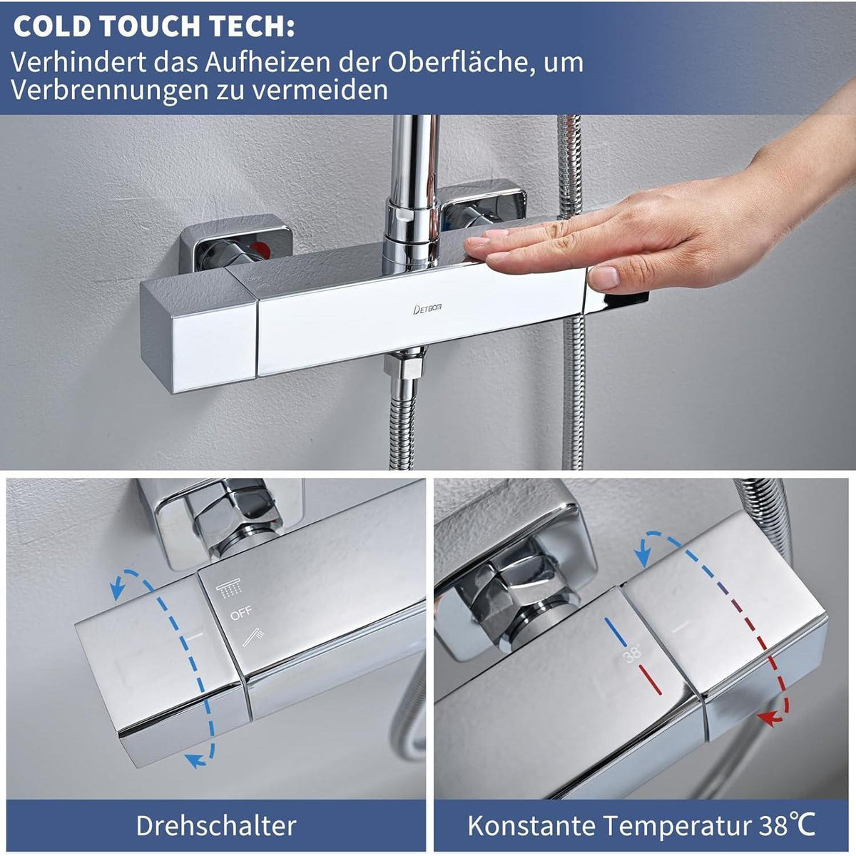 Chrom Duschsystem Square mit Thermostat & Regenduschkopf