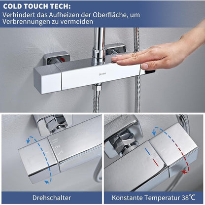 Chrom Duschsystem Square mit Thermostat & Regenduschkopf