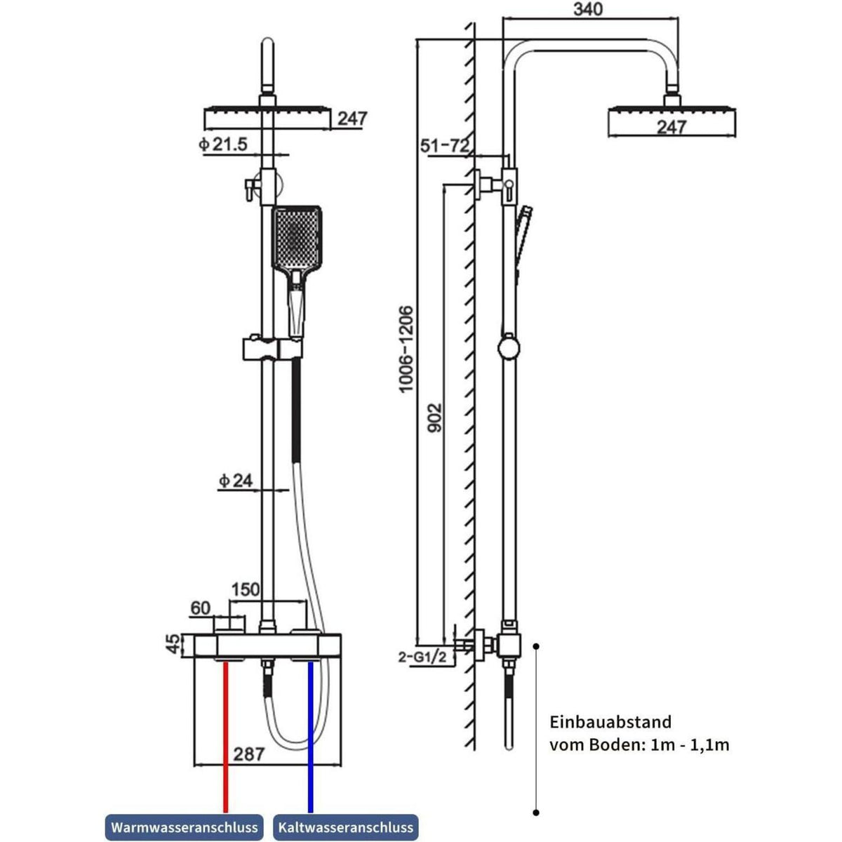 Chrom Duschsystem Square mit Thermostat & Regenduschkopf