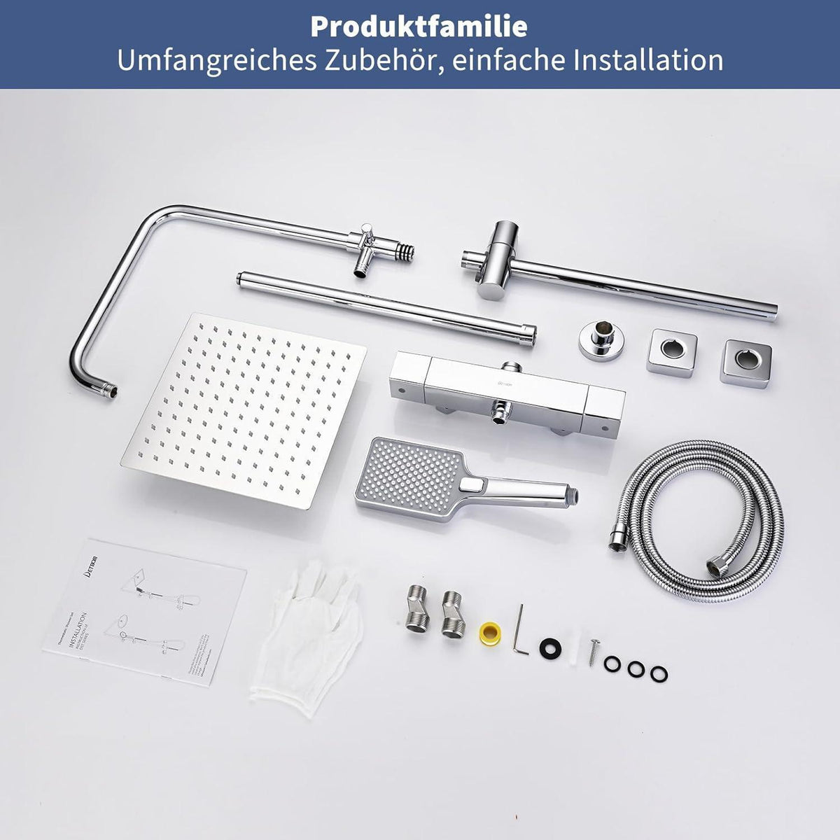 Chrom Duschsystem Square mit Thermostat & Regenduschkopf