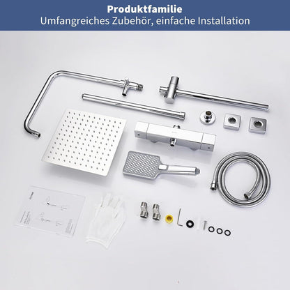 Chrom Duschsystem Square mit Thermostat & Regenduschkopf