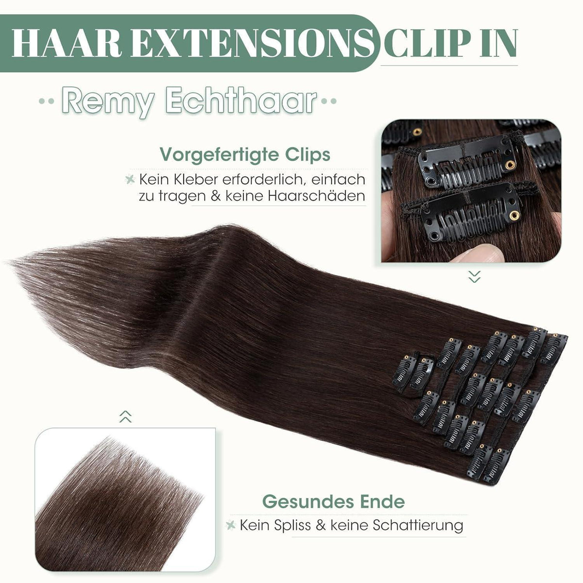 Echthaar Clip ins Haarverlängerung Dunkelbraun 60cm - 8 Stück