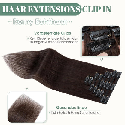 Echthaar Clip ins Haarverlängerung Dunkelbraun 60cm - 8 Stück