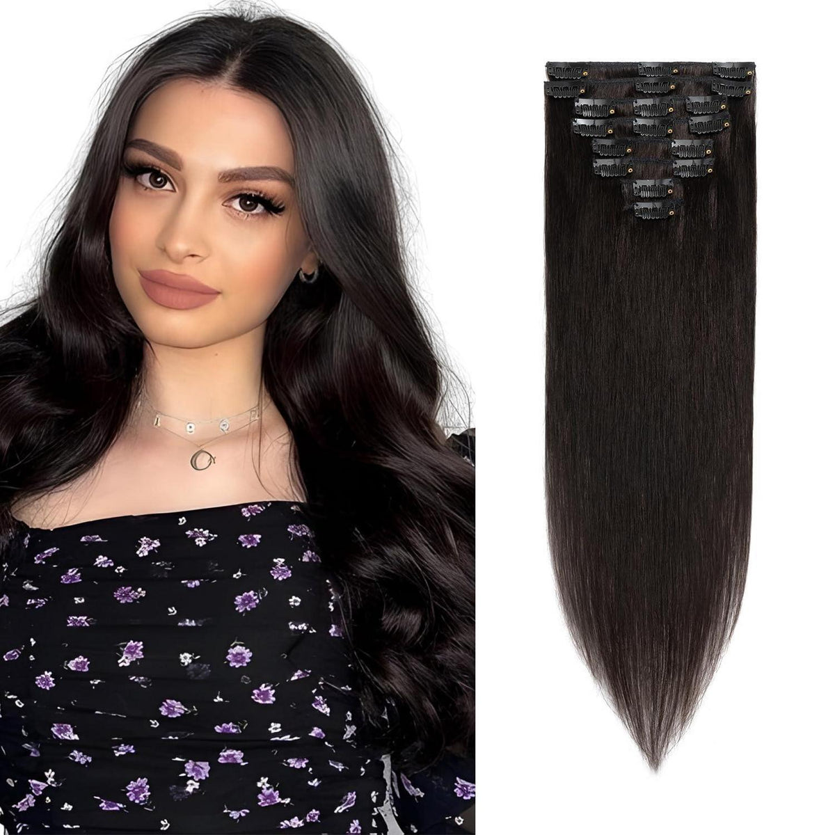 Echthaar Clip ins Extensions Schwarz 45cm - 8 Stück
