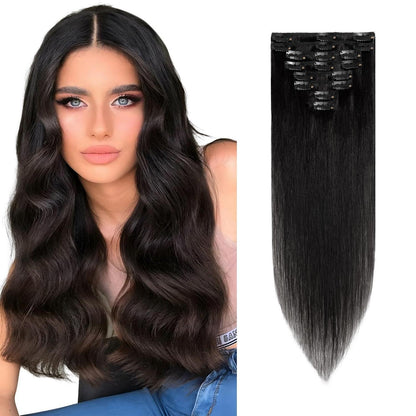 Echthaar Clip ins Haarverlängerung #1 Lackschwarz 45cm - 8 Stück