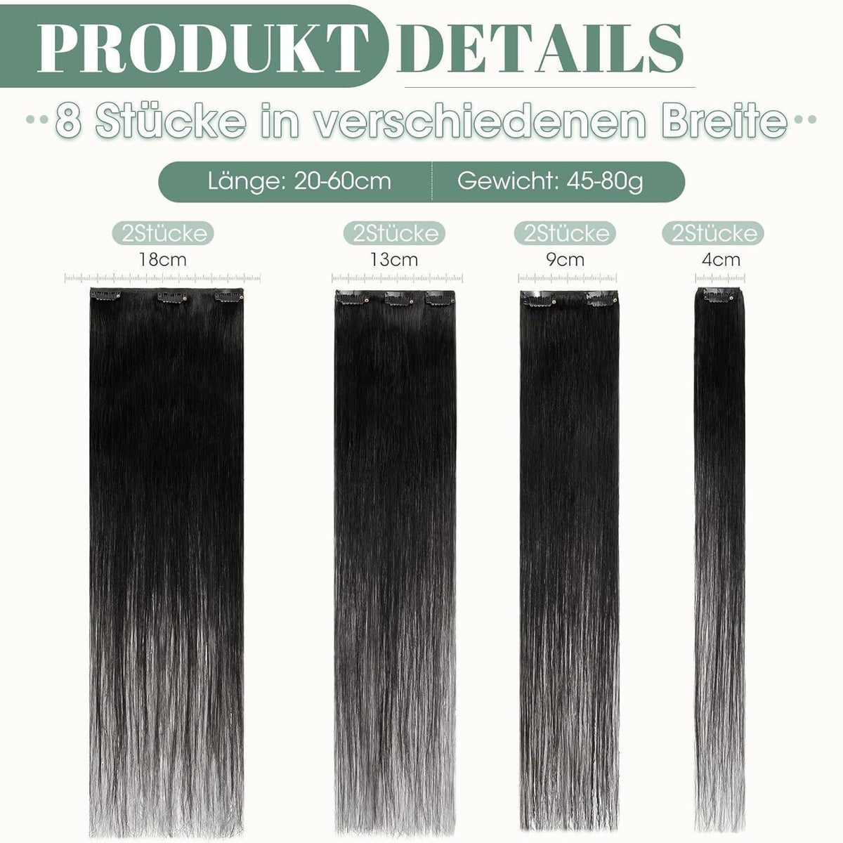 Echthaar Clip ins Haarverlängerung #1 Lackschwarz 45cm - 8 Stück