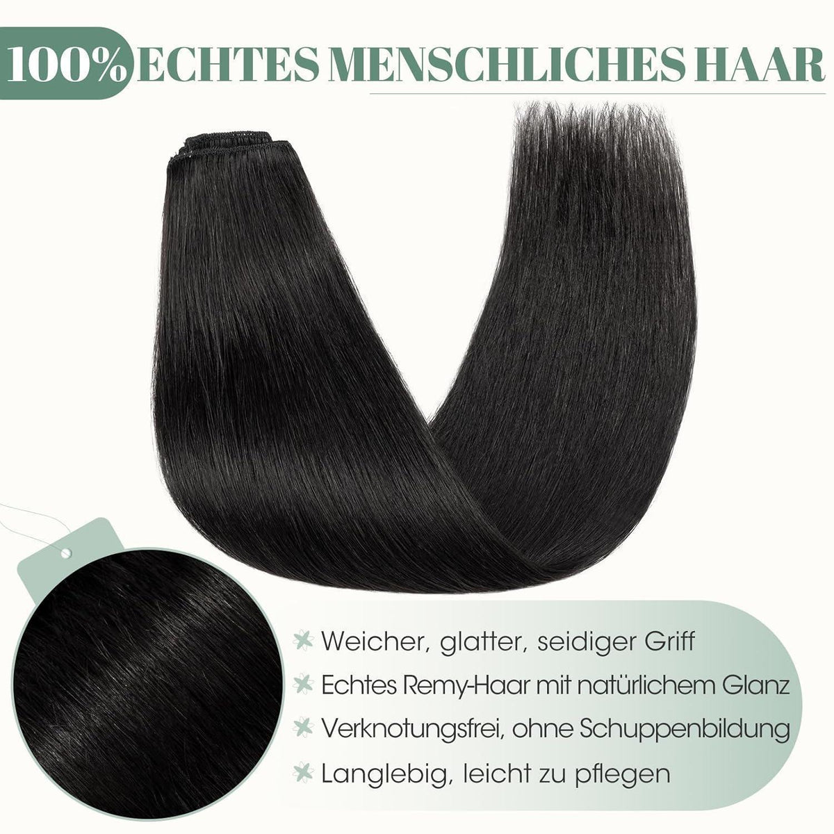 Echthaar Clip ins Haarverlängerung #1 Lackschwarz 45cm - 8 Stück