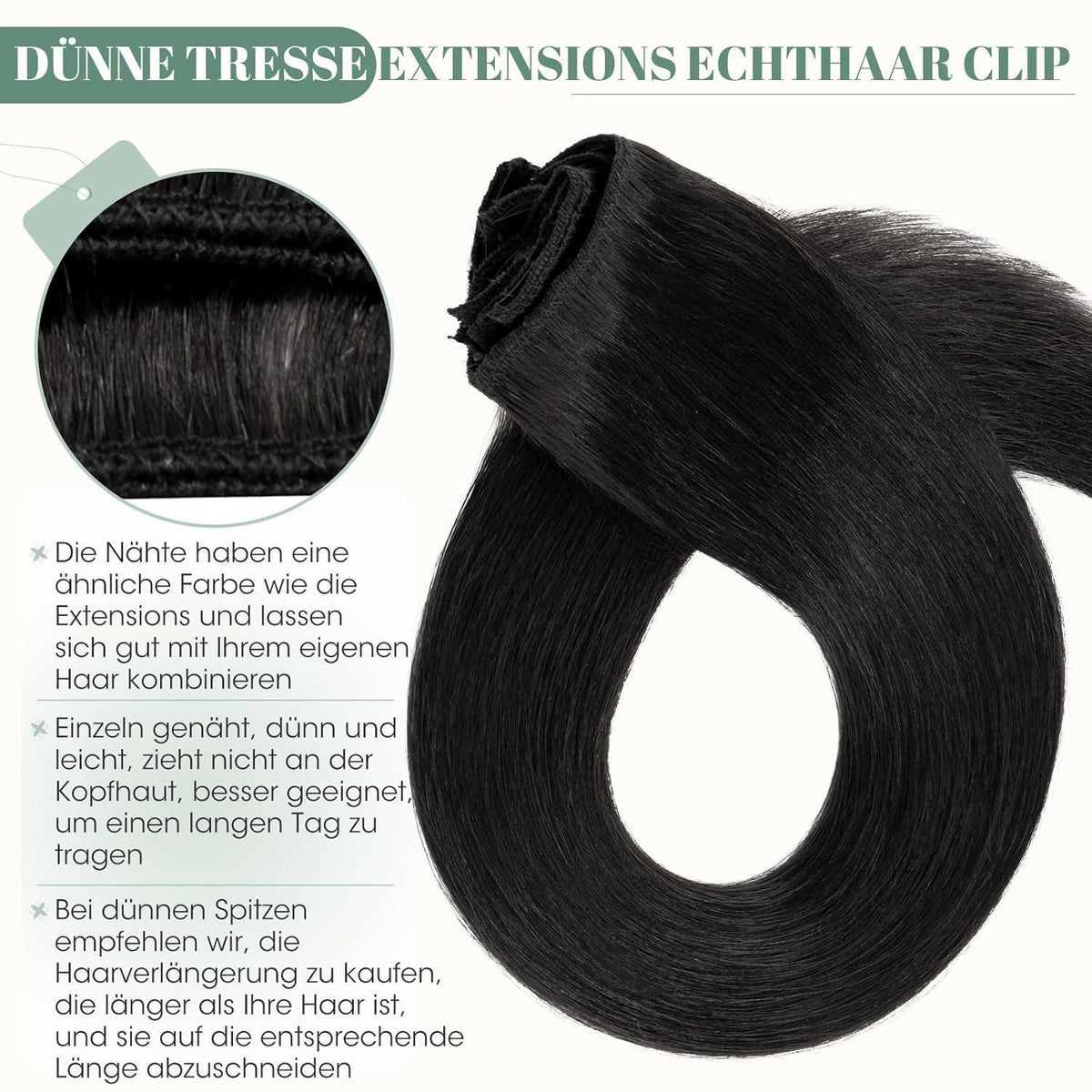 Echthaar Clip ins Haarverlängerung #1 Lackschwarz 45cm - 8 Stück