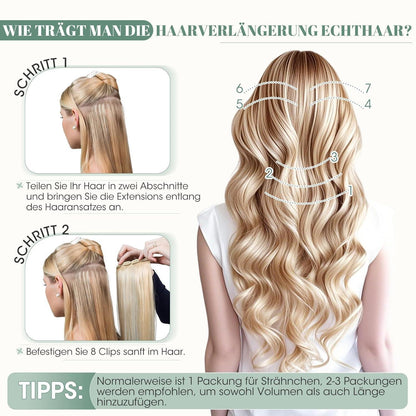 Echthaar Clip ins Haarverlängerung #1 Lackschwarz 45cm - 8 Stück