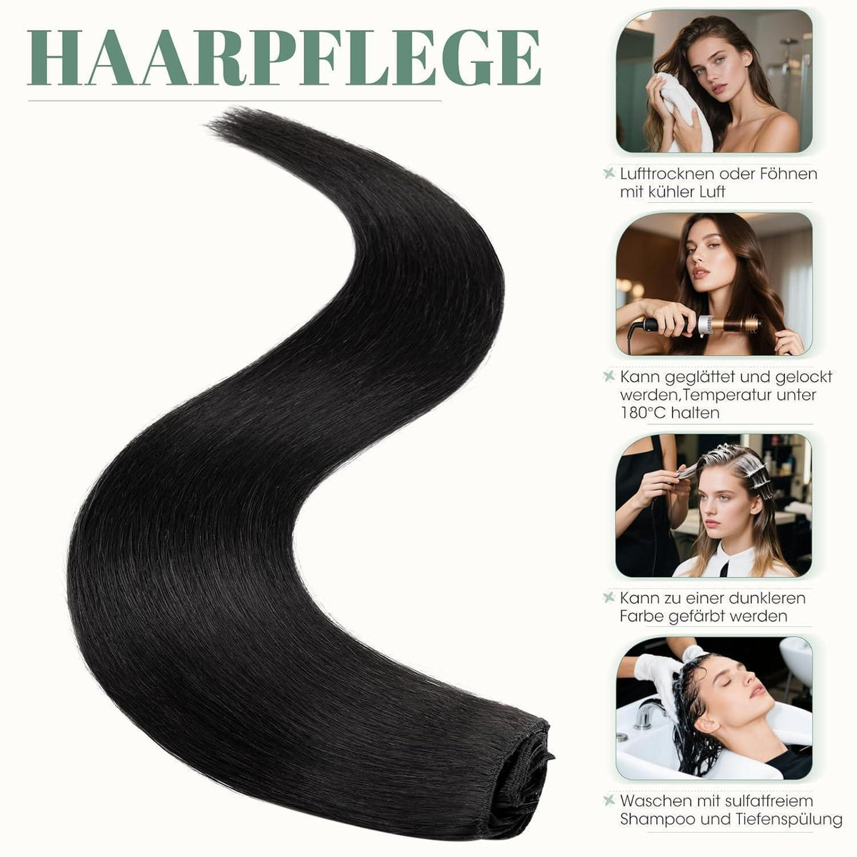 Echthaar Clip ins Haarverlängerung #1 Lackschwarz 45cm - 8 Stück