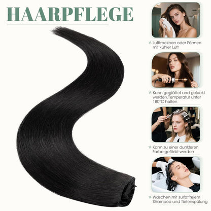 Echthaar Clip ins Haarverlängerung #1 Lackschwarz 45cm - 8 Stück
