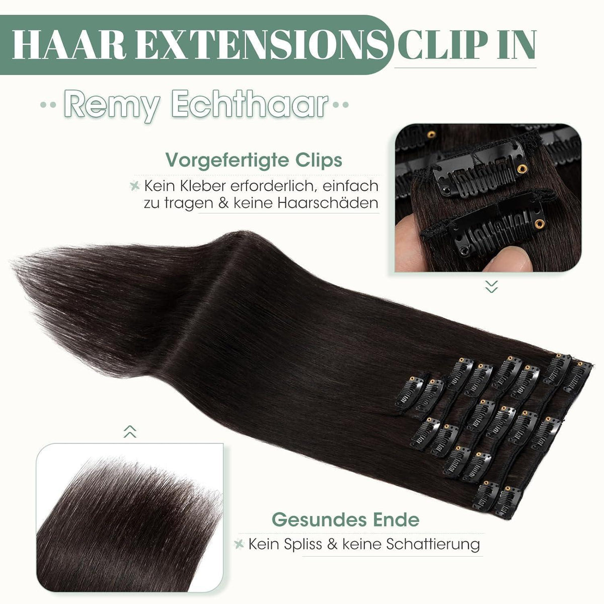 Echthaar Clip ins Haarverlängerung Schwarz 50cm - 8 Stück