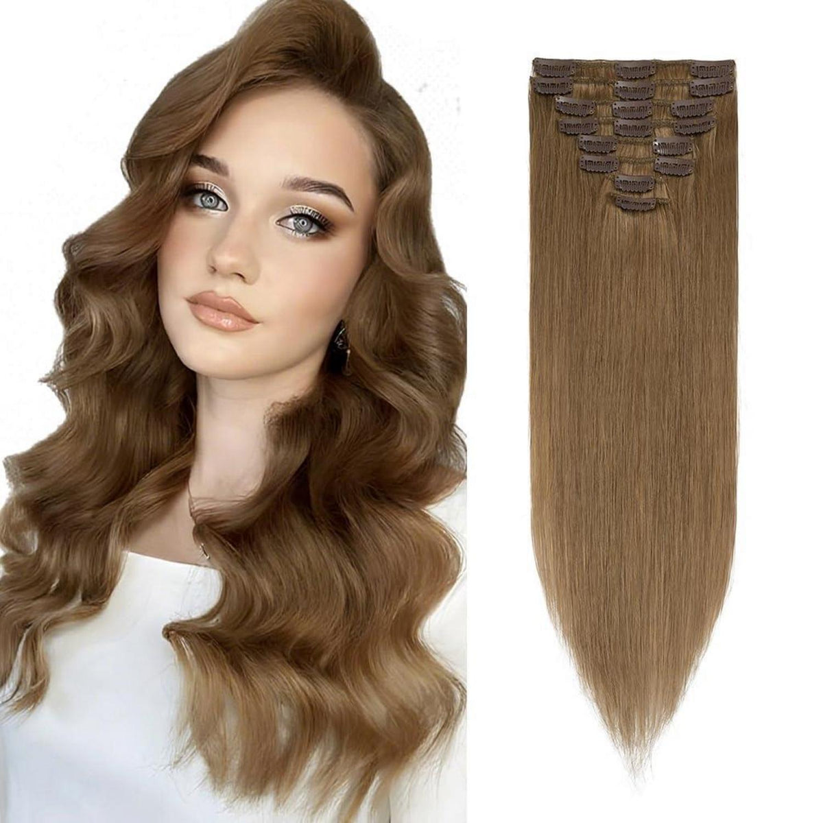 Echthaar Clip ins Haarverlängerung #6 Hellbraun 50cm - 8 Stück