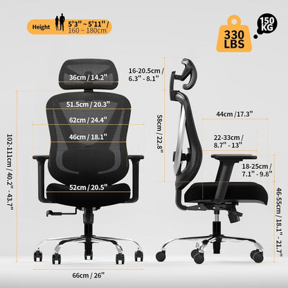 Ergonomischer Bürostuhl mit 3D Lendenstütze & verstellbaren