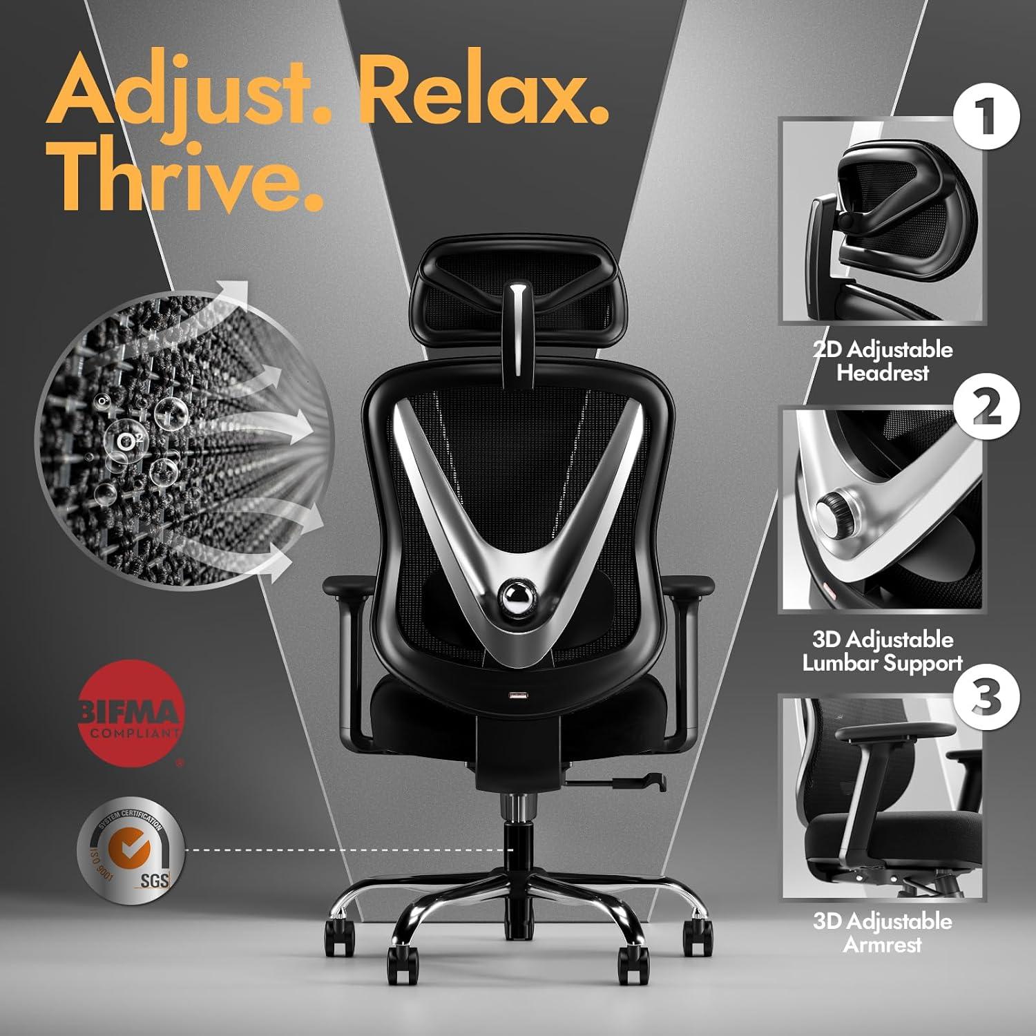 Ergonomischer Bürostuhl Schwarz mit 3D Lendenstütze & verstellbaren Armlehnen