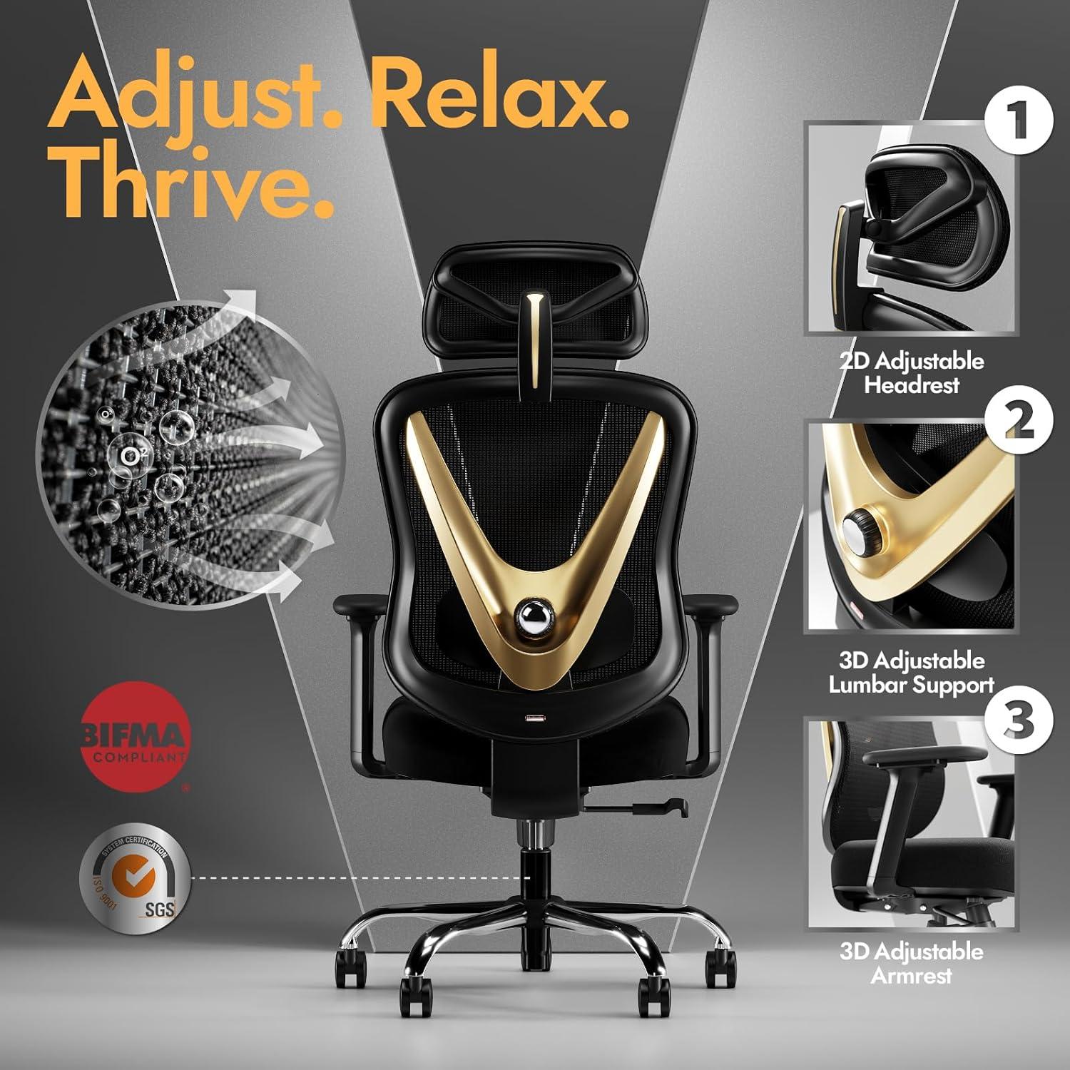 Ergonomischer Bürostuhl mit 3D Lendenstütze Verstellbare Armlehnen V-Rücken-Design Schreibtischstuhl Büro Zuhause Schwarz-Gold