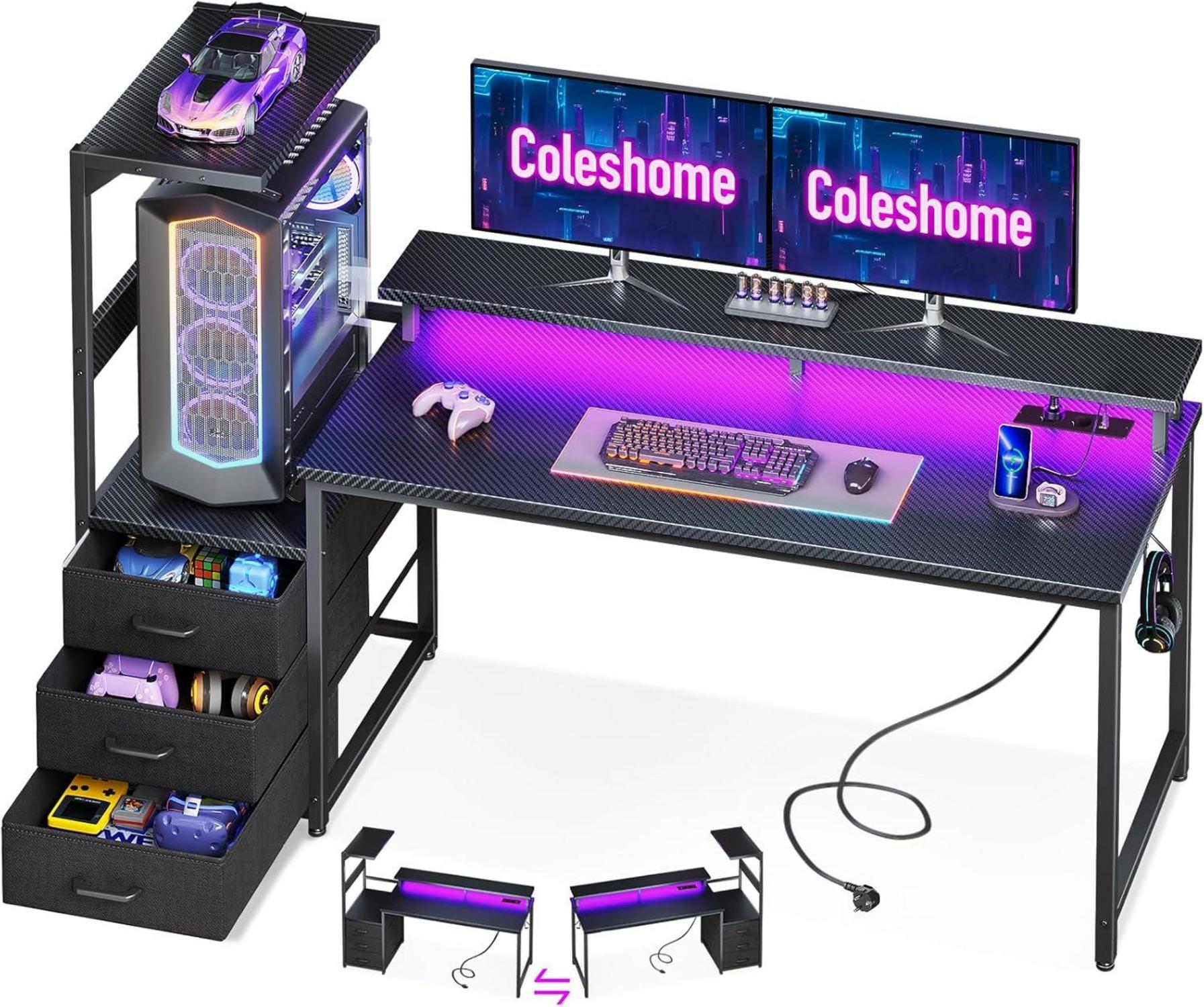 LED Gaming Schreibtisch mit Schubladen und Monitorständer