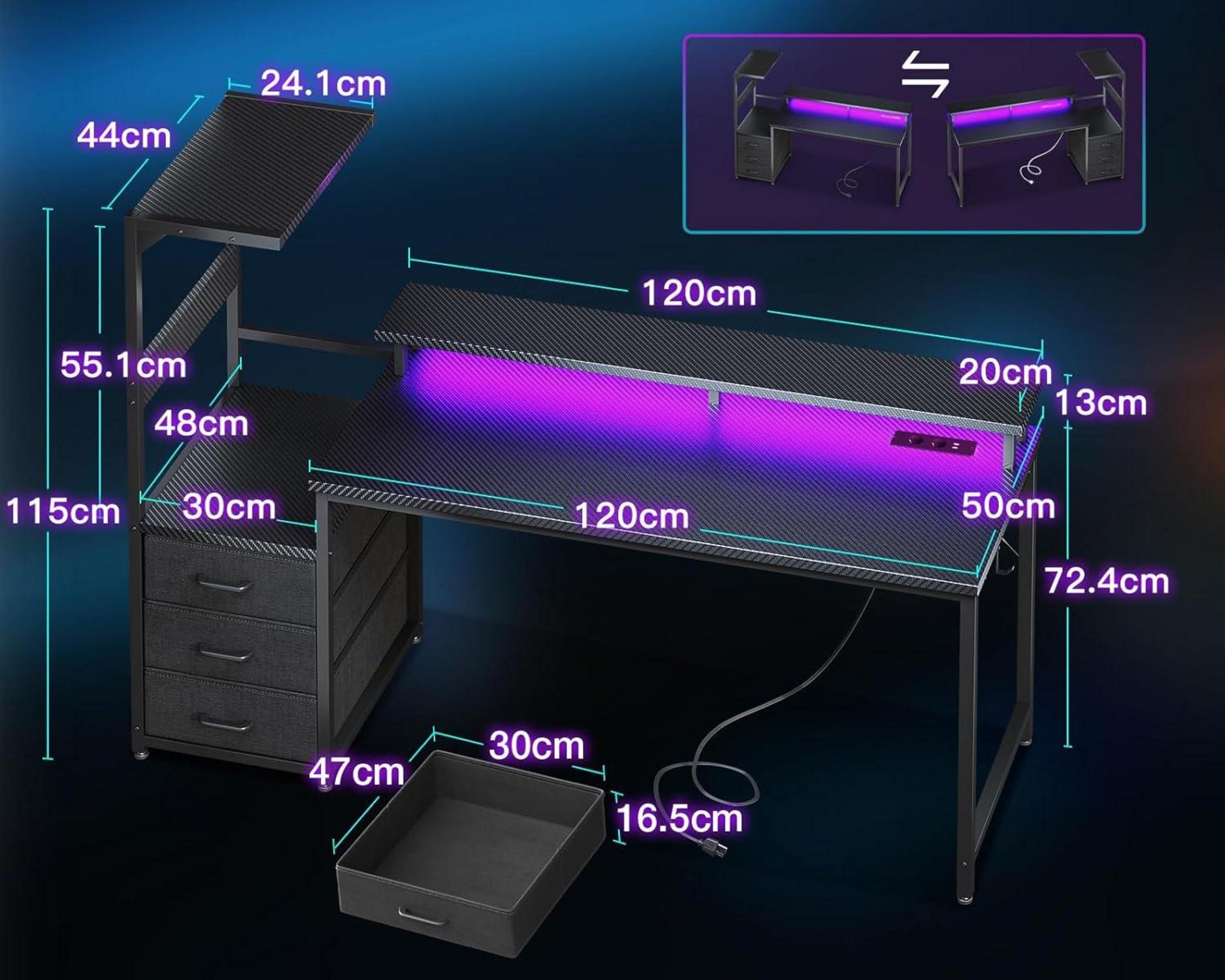 LED Gaming Schreibtisch mit Schubladen und Monitorständer