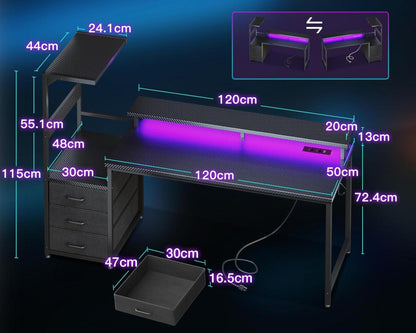 LED Gaming Schreibtisch mit Schubladen und Monitorständer